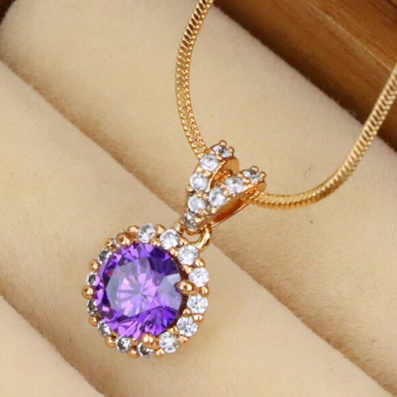 "Round Purple Stone Rose Gold Pendant, XPPT1292 - Picture 1 of 13
